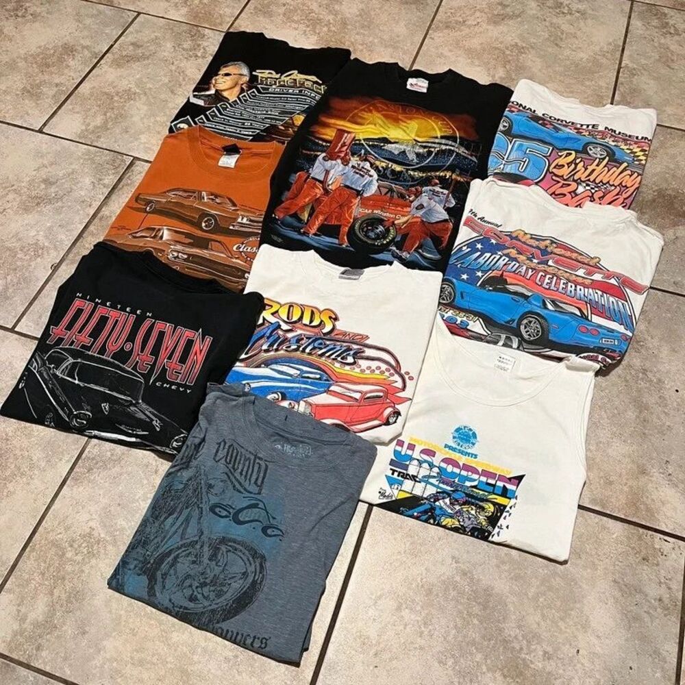 Vintage XL Car & Racing T-Shirt Bundle Lot - Corvette, Nascar, Hot Rod (9 Pcs)